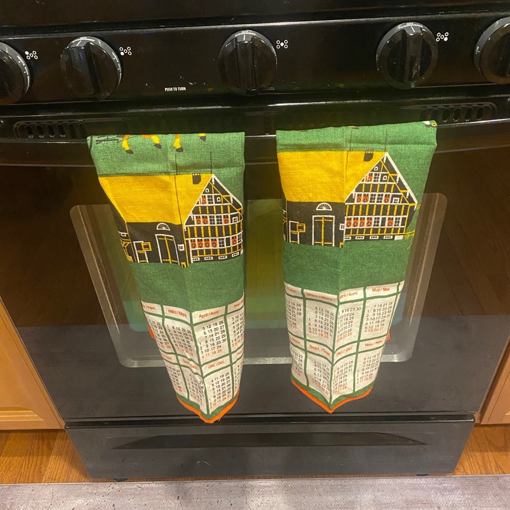 vintage KREIER brand calendar tea towels 1990 & 1993, Swiss folk art scenes.